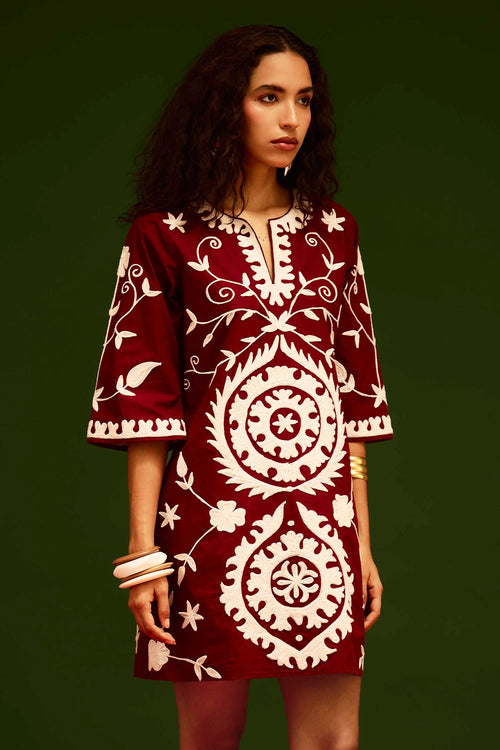 Burgundy Wine Cotton Dress with Thread Embroidery