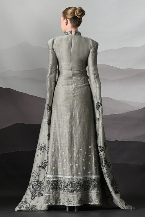Grey Gown With Hand-Embroidered Linear Detail