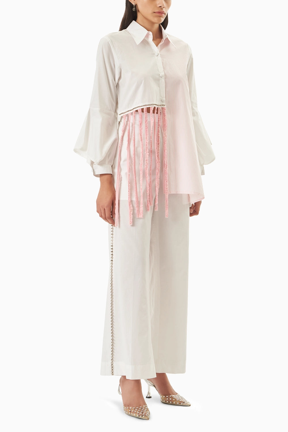 Pink Cotton Long Tassel Shirt with Embellished Stud Lines Pants