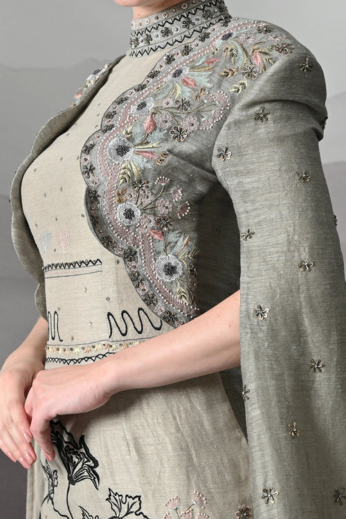 Grey Gown With Hand-Embroidered Linear Detail