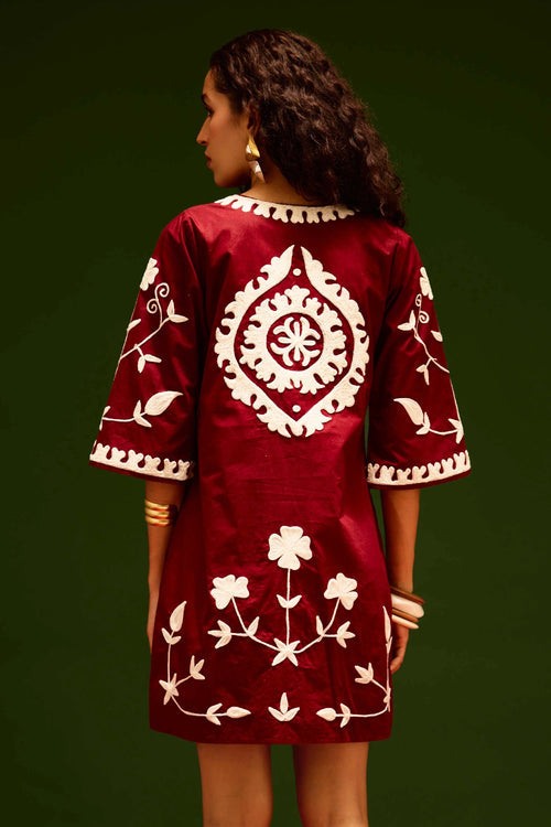 Burgundy Wine Cotton Dress with Thread Embroidery