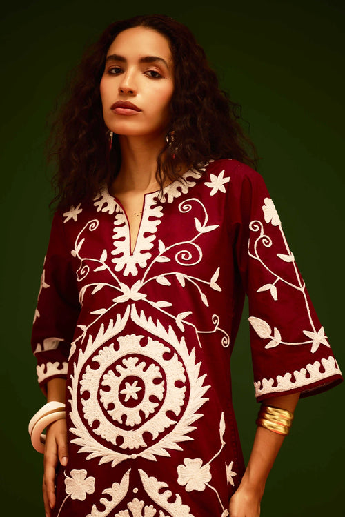 Burgundy Wine Cotton Dress with Thread Embroidery