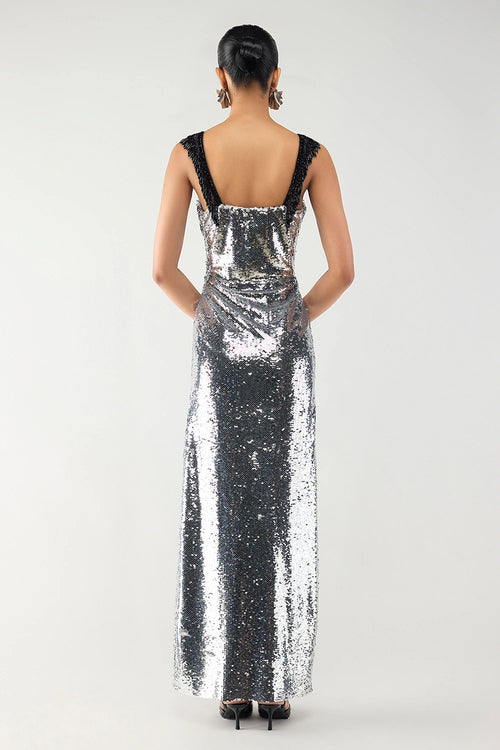 Silver Beaded Straped Gown