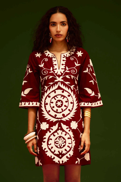 Burgundy Wine Cotton Dress with Thread Embroidery