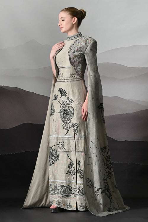 Grey Gown With Hand-Embroidered Linear Detail