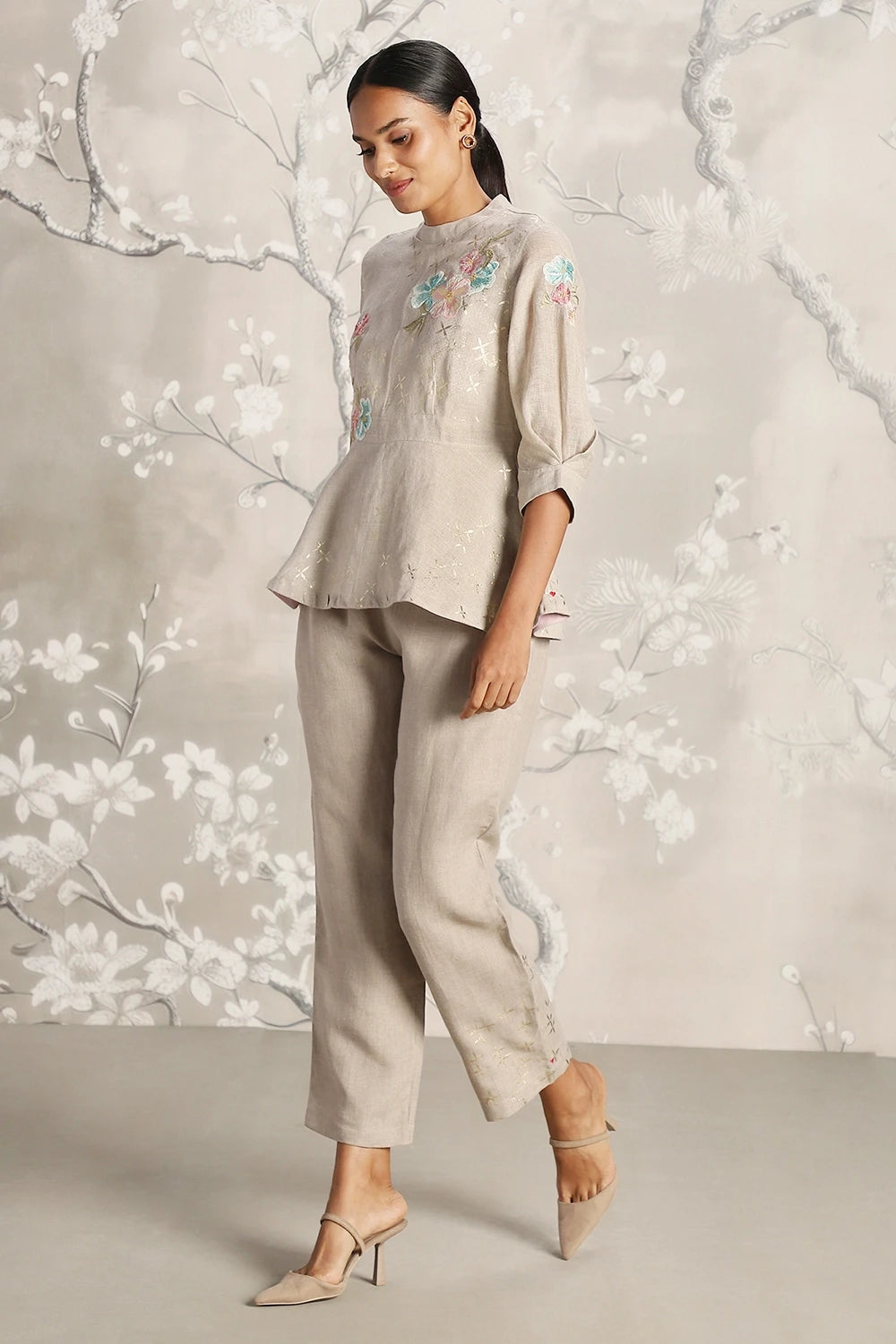 Corsage Peplum Natural Top and Pant Set