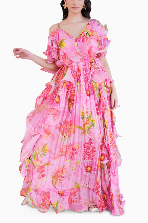 Dark Pink Lilium Long Dress With Cascade Detail