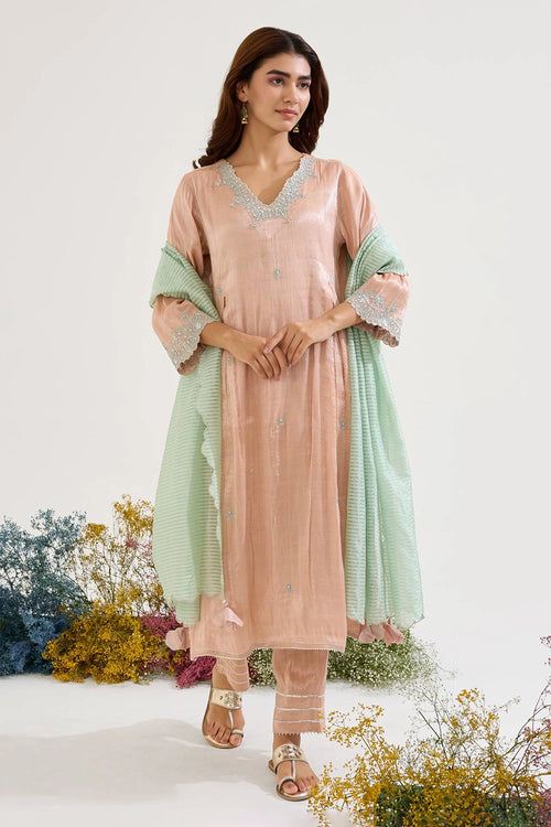 Rose Mint Dori Tissue Kurta Set
