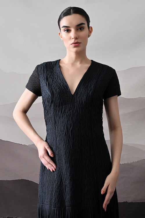 Black V-Neck Gown With Linear Texture And Fringe
