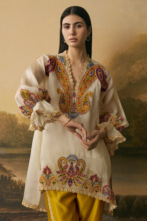 Ivory Contrast Paisley Tunic With Floral Tulip Pants