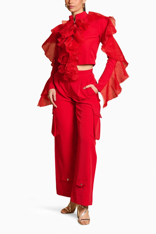 Spectrum Red Crop Ruffle Jacket with Utility Pants