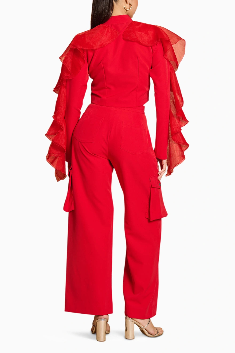 Spectrum Red Crop Ruffle Jacket with Utility Pants