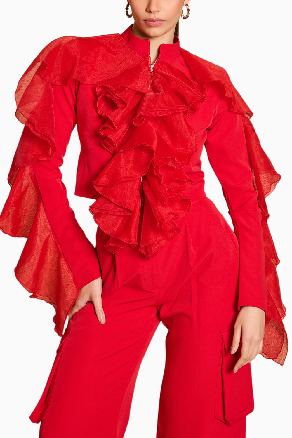 Spectrum Red Crop Ruffle Jacket with Utility Pants