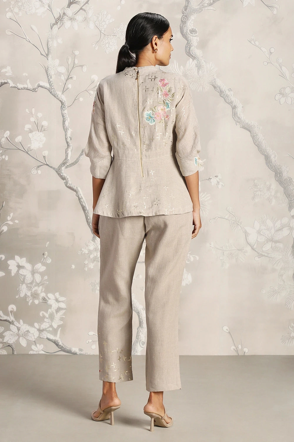 Corsage Peplum Natural Top and Pant Set