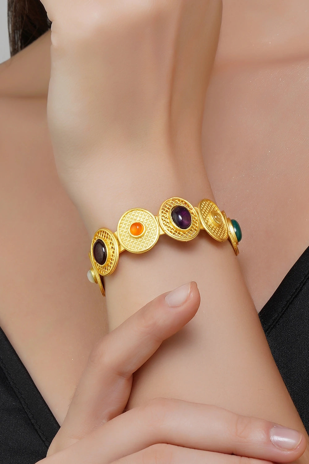 Colour Story Navratan Cuff Bracelet