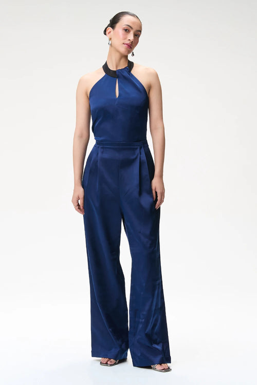 Midnight Blue Silk Jumpsuit With Contrast Collar