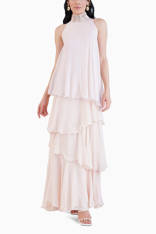 Nude Tiered Dress With Embroidered Halter Neck