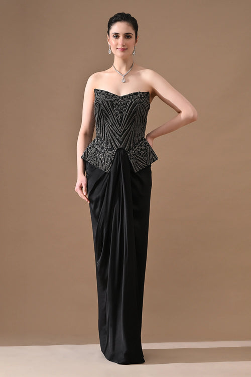 Black Strapless Sculpted Handwork Corset With Drape Skirt