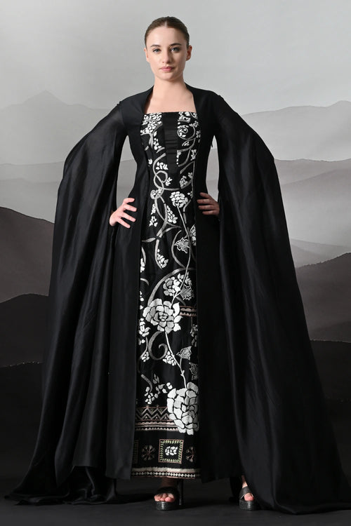 Black Gown With Winged Draped Panels