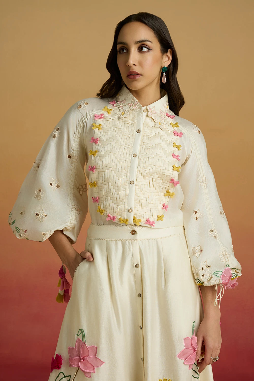 Ivory 3D Floral Applique Shirt with Amaryllis Skirt