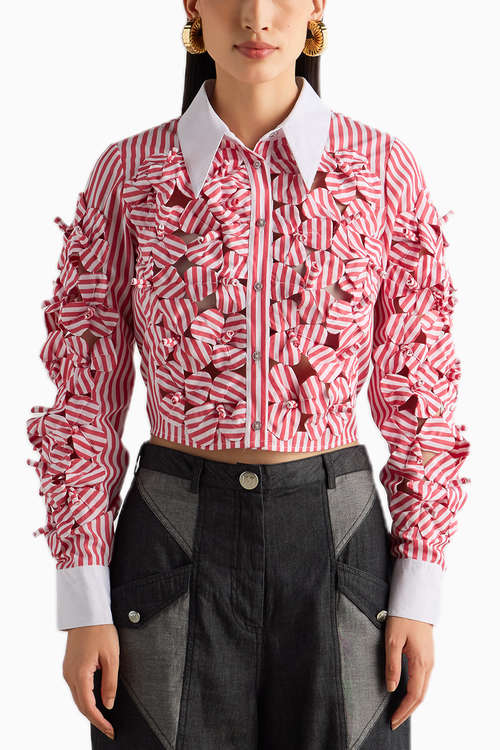 Red Stripe 3D Flower Shirt