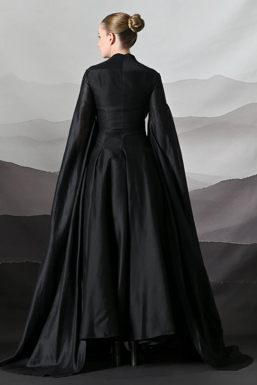 Black Gown With Winged Draped Panels