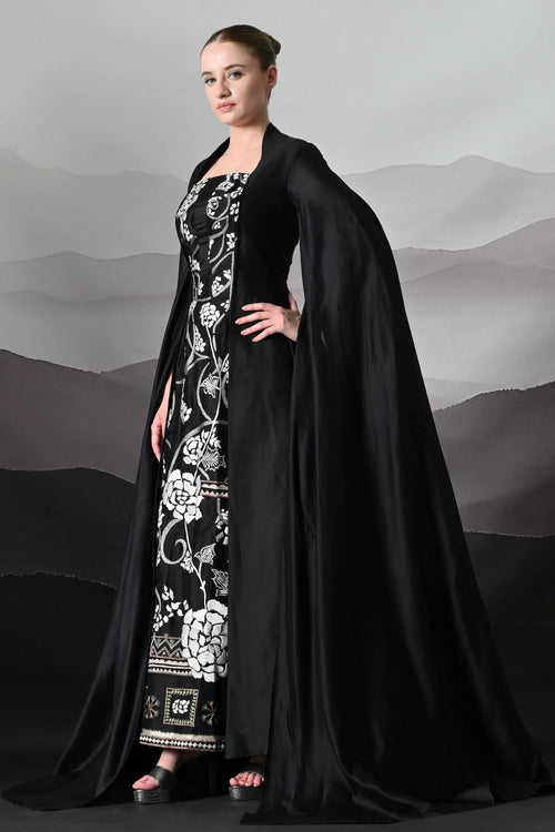 Black Gown With Winged Draped Panels