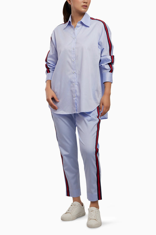 Sky Blue Red Ribbon Co-ord Pant Set