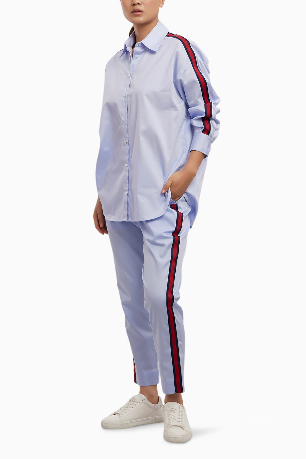 Sky Blue Red Ribbon Co-ord Pant Set