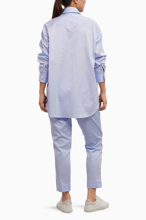 Sky Blue Red Ribbon Co-ord Pant Set