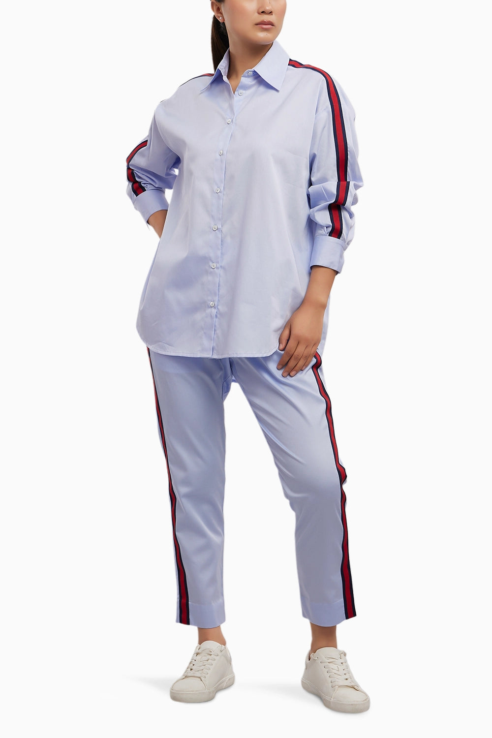 Sky Blue Red Ribbon Co-ord Pant Set