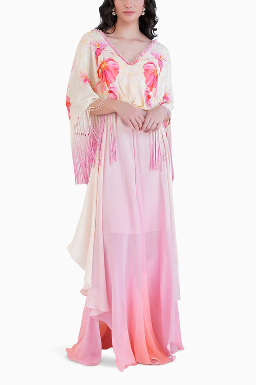 Bauhinia Printed Ombre Dress With Pearl Detail And Plunging Neckline