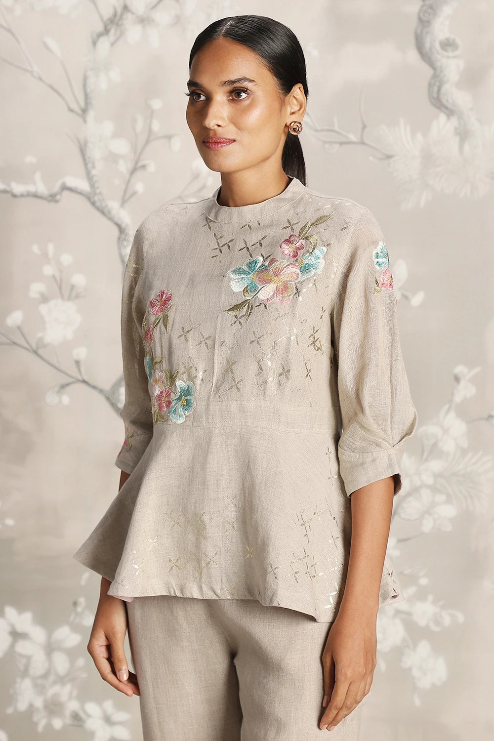 Corsage Peplum Natural Top and Pant Set