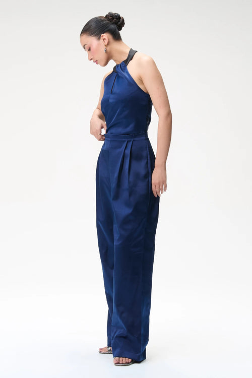Midnight Blue Silk Jumpsuit With Contrast Collar