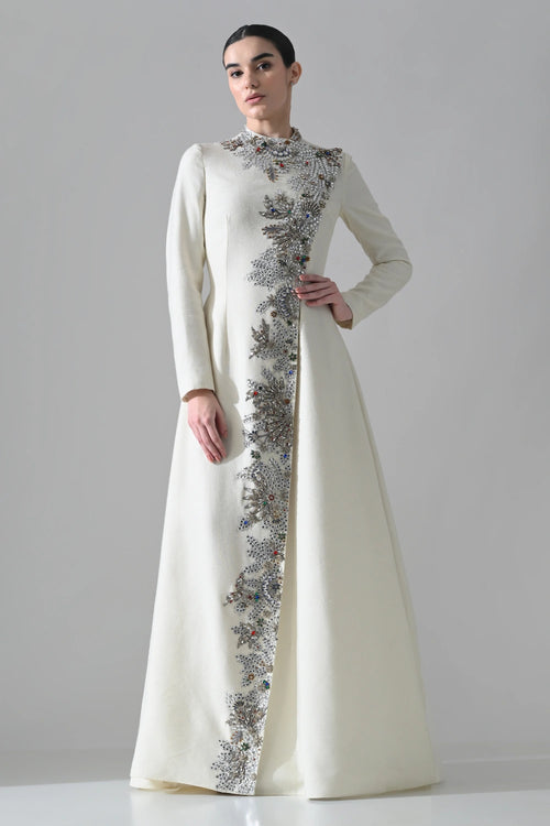 Ivory A-Line Dress With Vertical Hand Embellishment