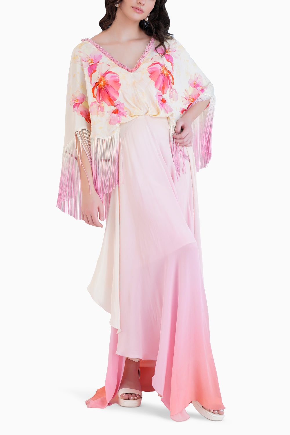 Bauhinia Printed Ombre Dress With Pearl Detail And Plunging Neckline