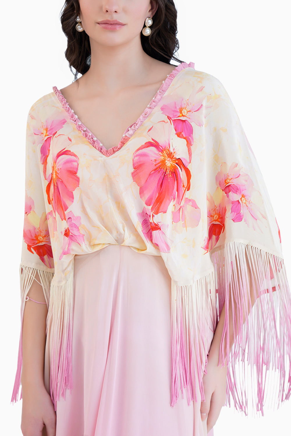 Bauhinia Printed Ombre Dress With Pearl Detail And Plunging Neckline