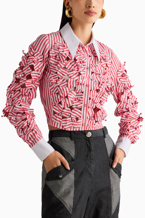 Red Stripe 3D Flower Sleeve Shirt