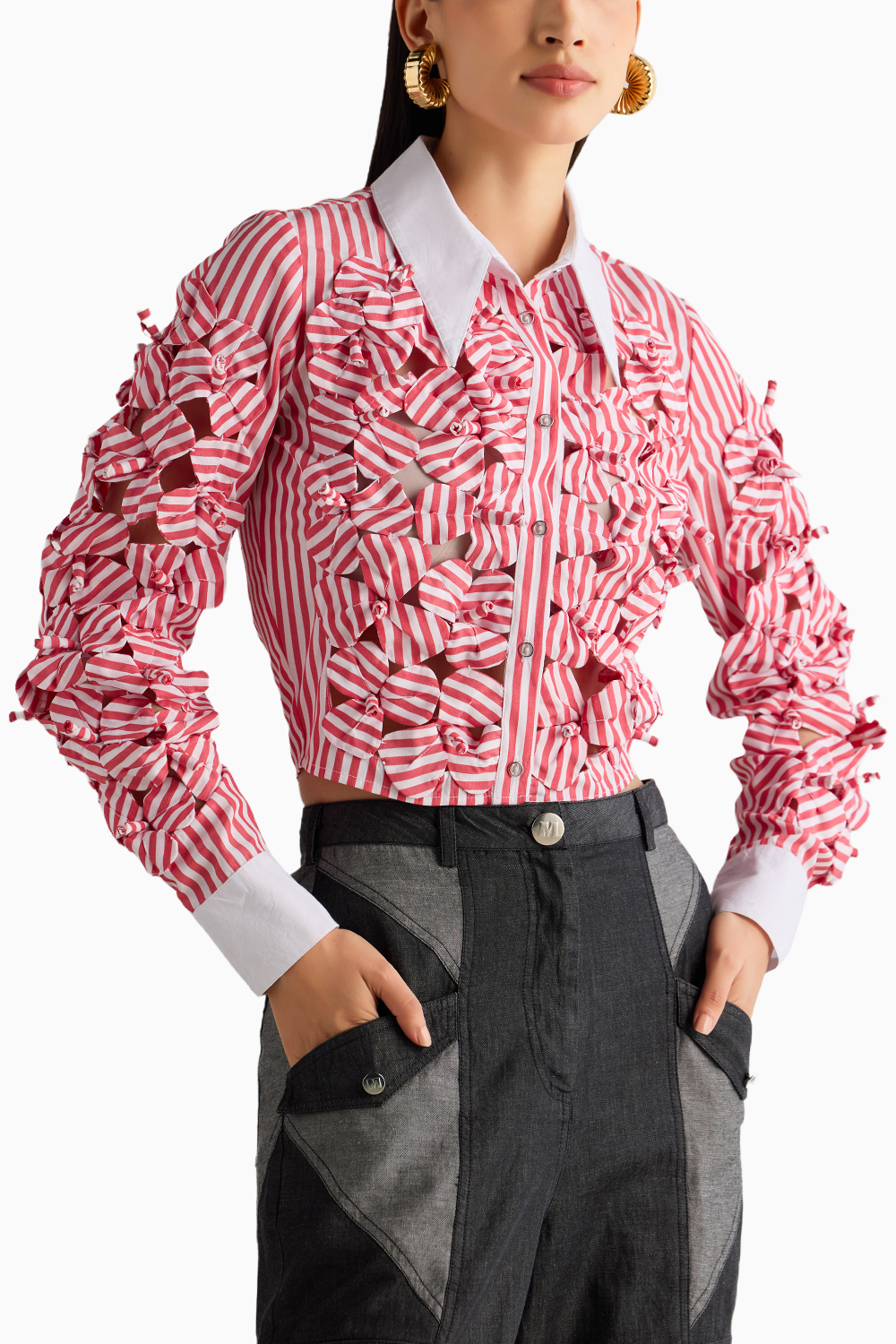 Red Stripe 3D Flower Shirt