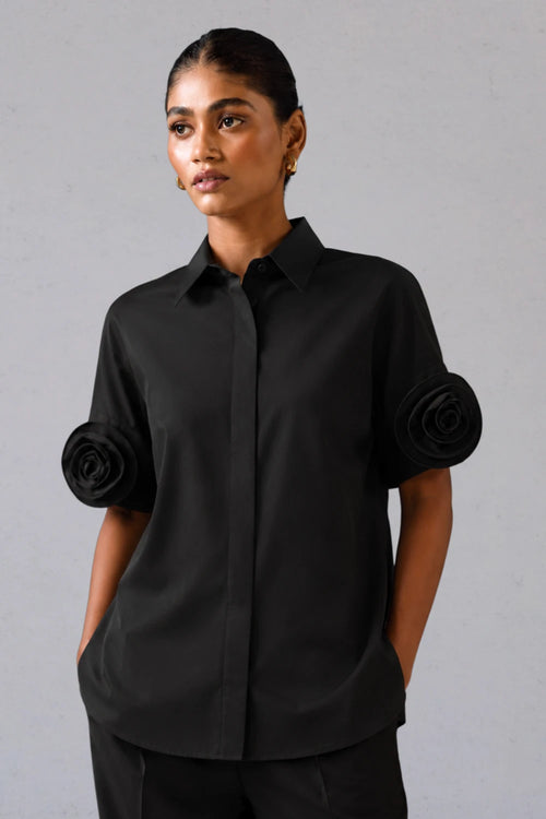 Rosette Sleeve Shirt Black