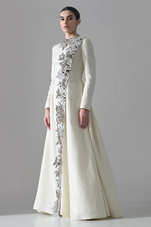 Ivory A-Line Dress With Vertical Hand Embellishment