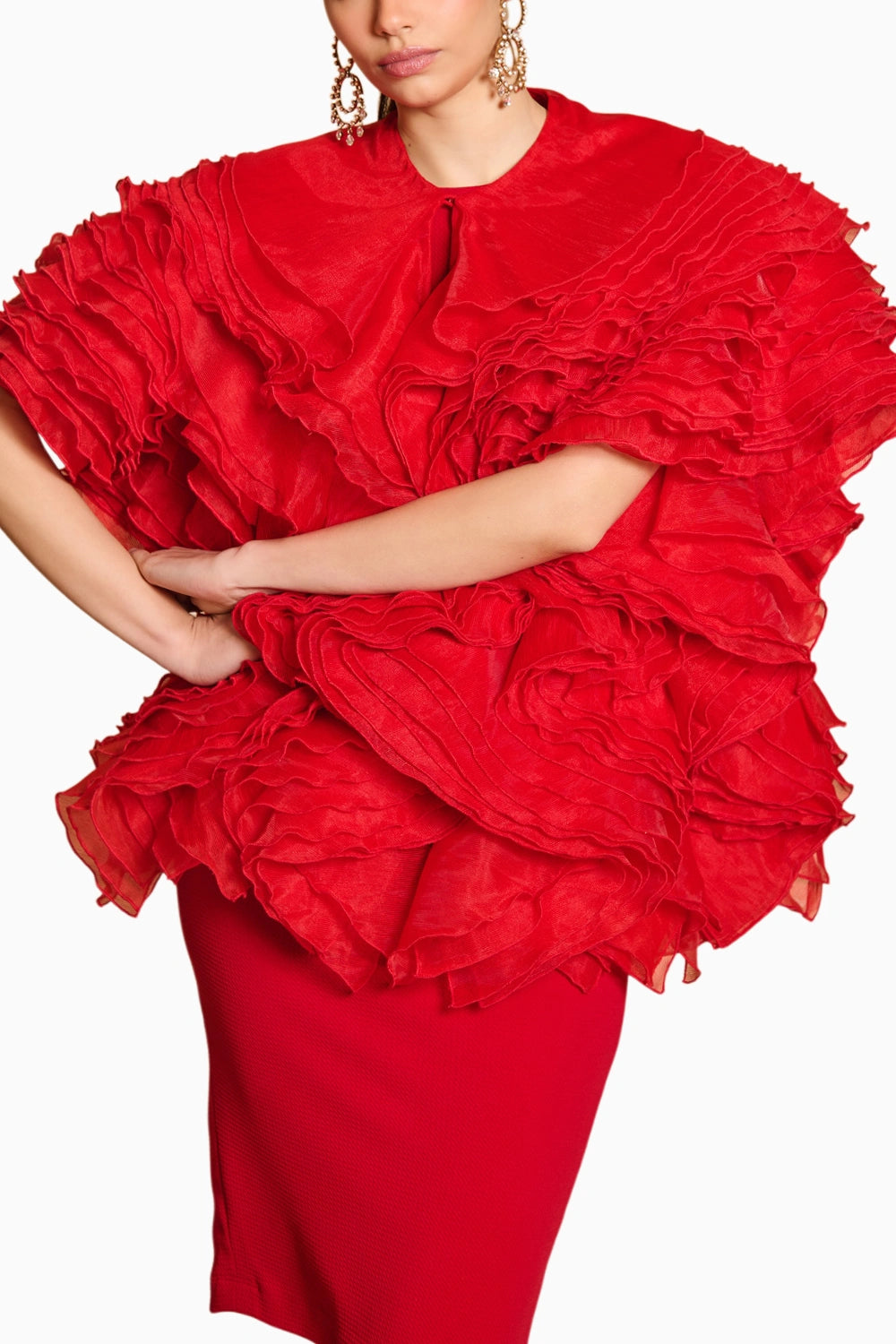 Spectrum Red Ruffle Jacket With Formal Dress