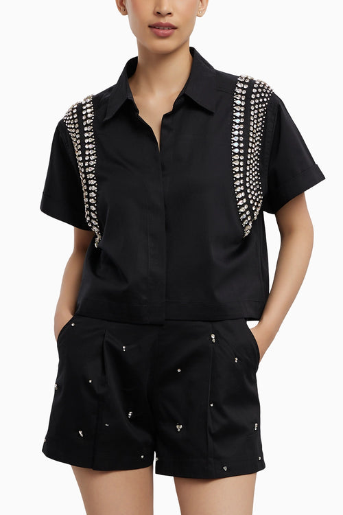 Black Swarovski Button Up Shirt
