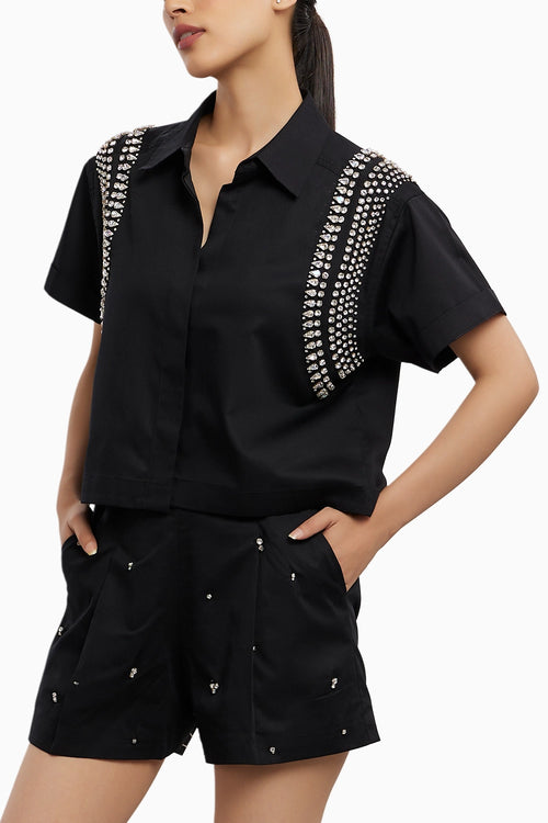 Black Swarovski Button Up Shirt