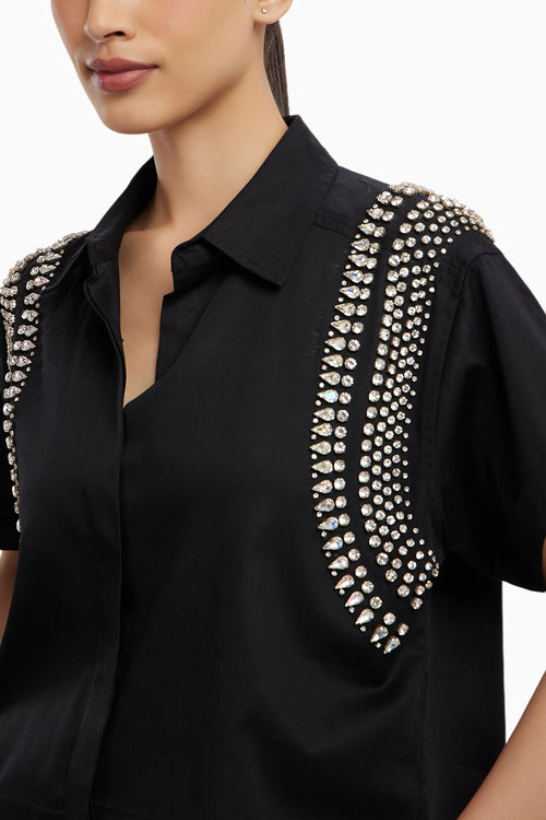 Black Swarovski Button Up Shirt