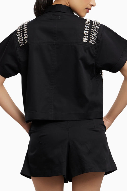 Black Swarovski Button Up Shirt
