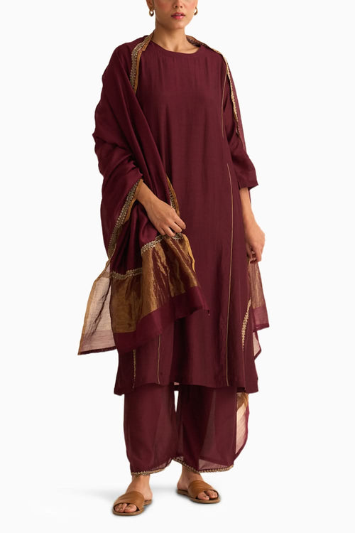 Mridini Deep Wine Kurta Set with Dupatta