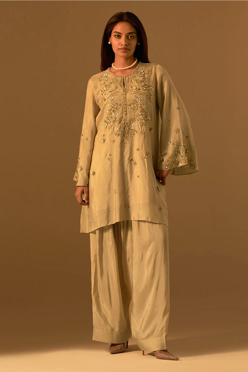 Shell Embroidered Yoke Silk Salwar Set
