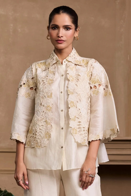 Ivory Metallic Applique And Cutwork Layered Shirt