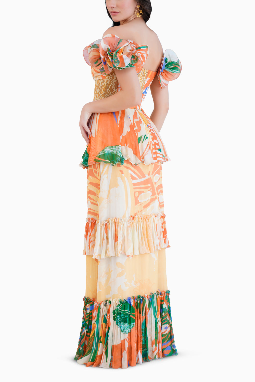 Mysterious Tropic Printed Tiered Dress With Corsage Sleeves